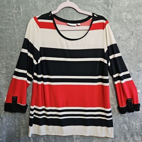 Susan Graver Women's Lg Pullover Top black red white multicolored stretch - Picture 1 of 9